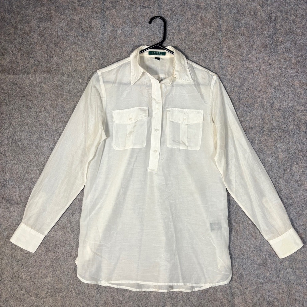 Lauren Ralph Lauren Blouse Womens Small Ivory Cotton Silk Sheer Tunic Top VTG